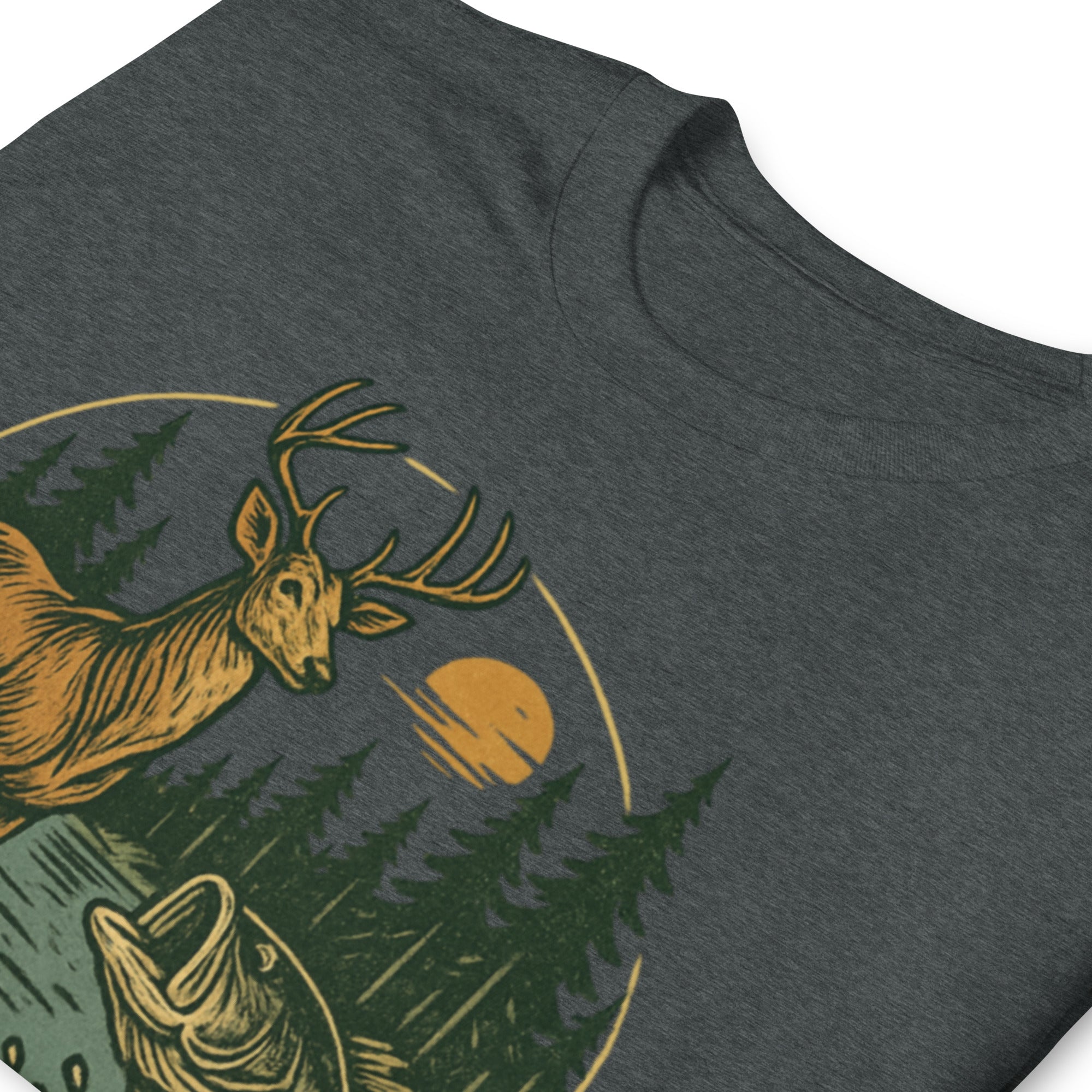 Charcoal heather unisex T-shirt with deer and bass graphic, short sleeves