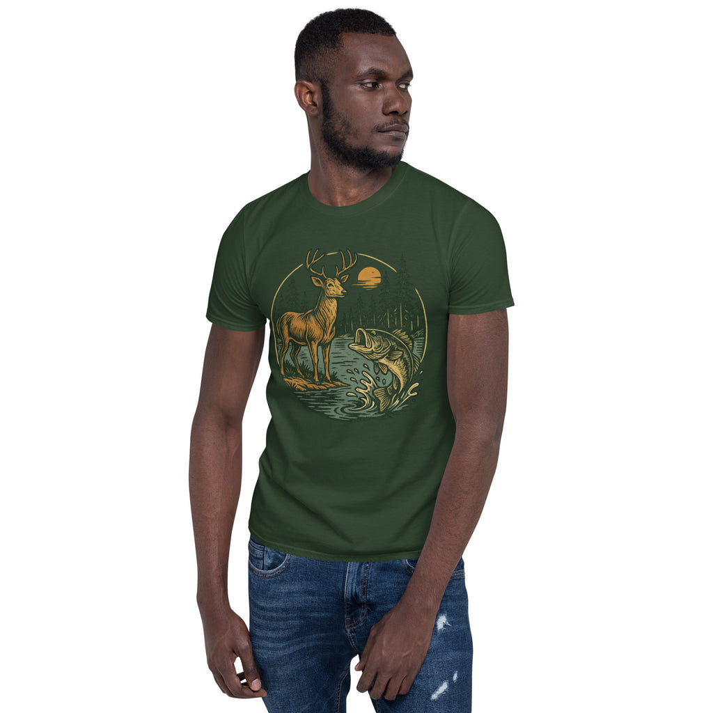 Unisex short-sleeve T-shirt in forest green with vintage deer and bass graphic