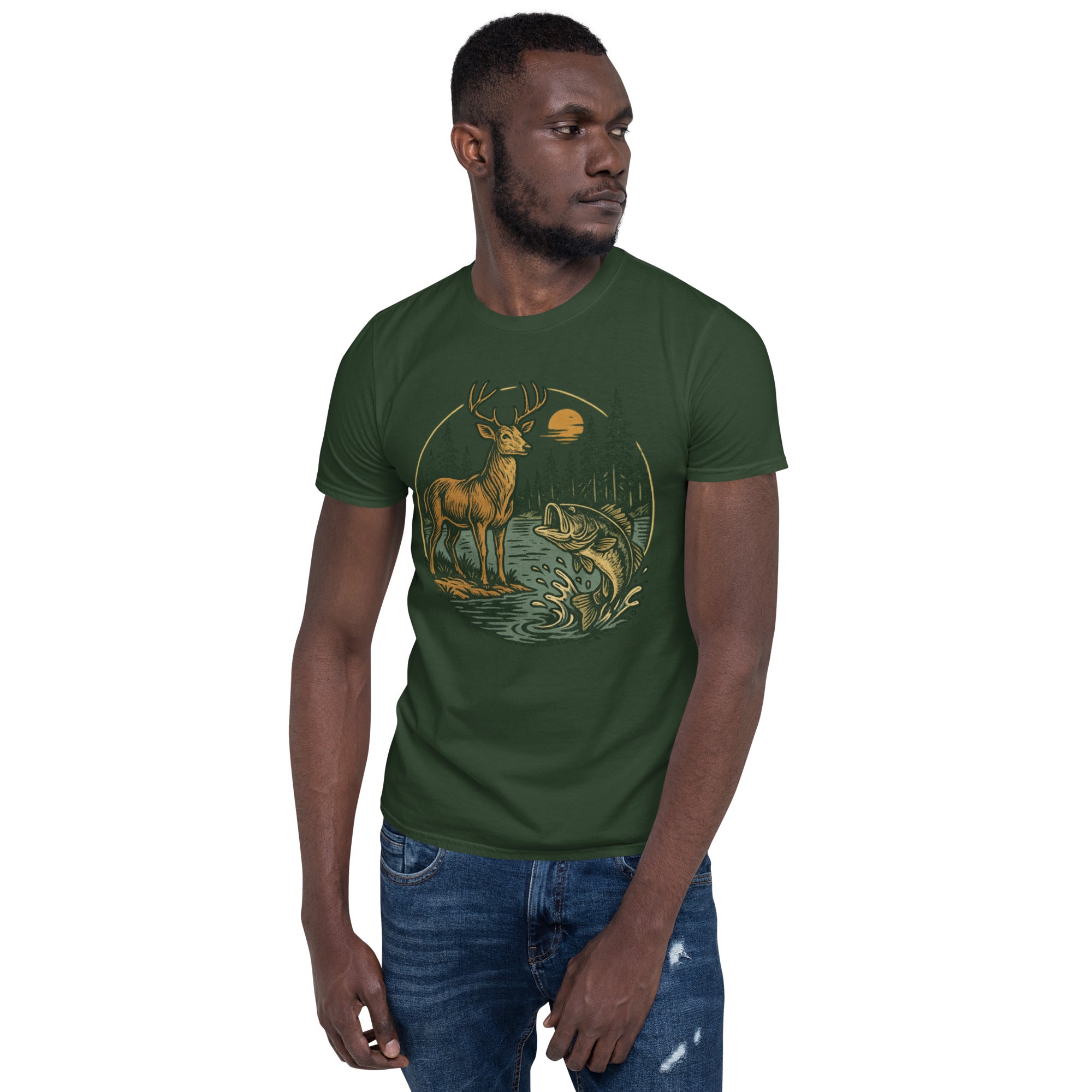 Unisex short-sleeve T-shirt in forest green with vintage deer and bass graphic