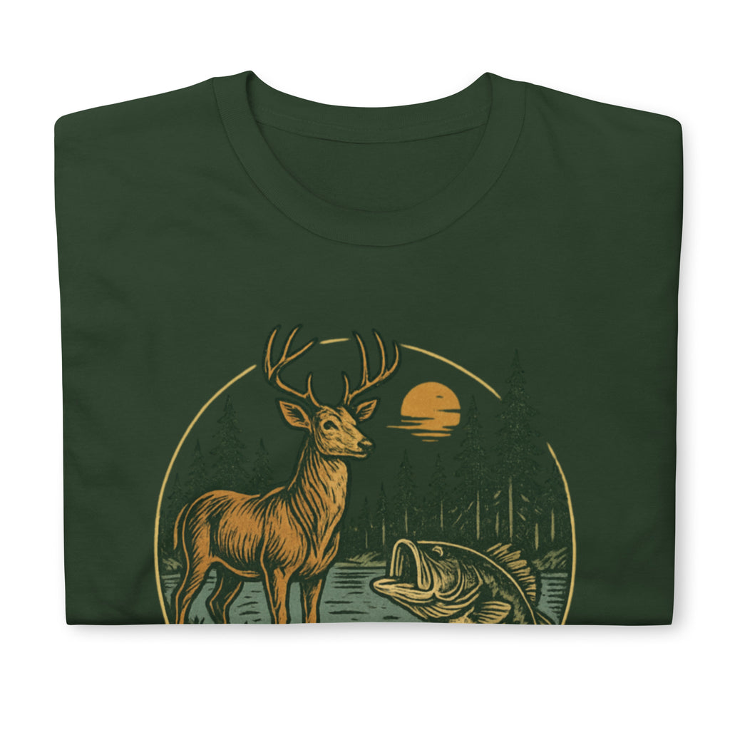 Forest green short-sleeve t-shirt with vintage deer and bass front graphic
