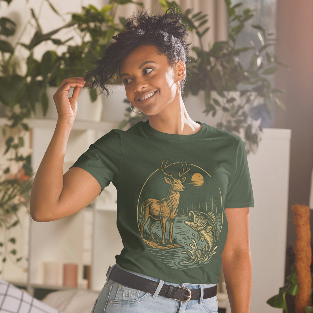 Forest green short-sleeve unisex T-shirt with vintage deer and bass chest graphic