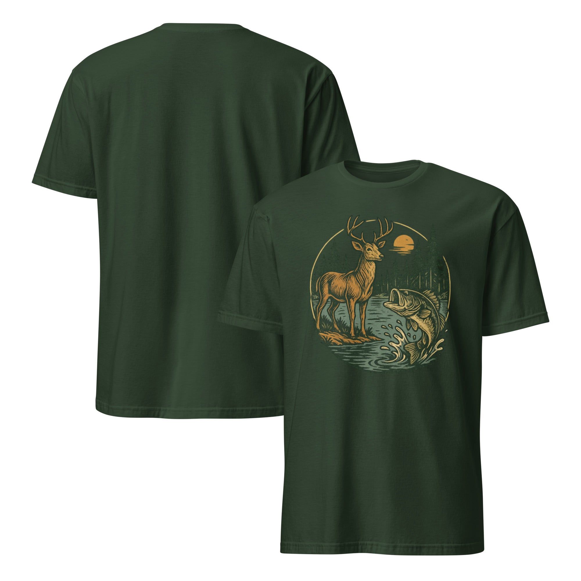 Forest green unisex short-sleeve T-shirt with deer and bass graphic on the chest