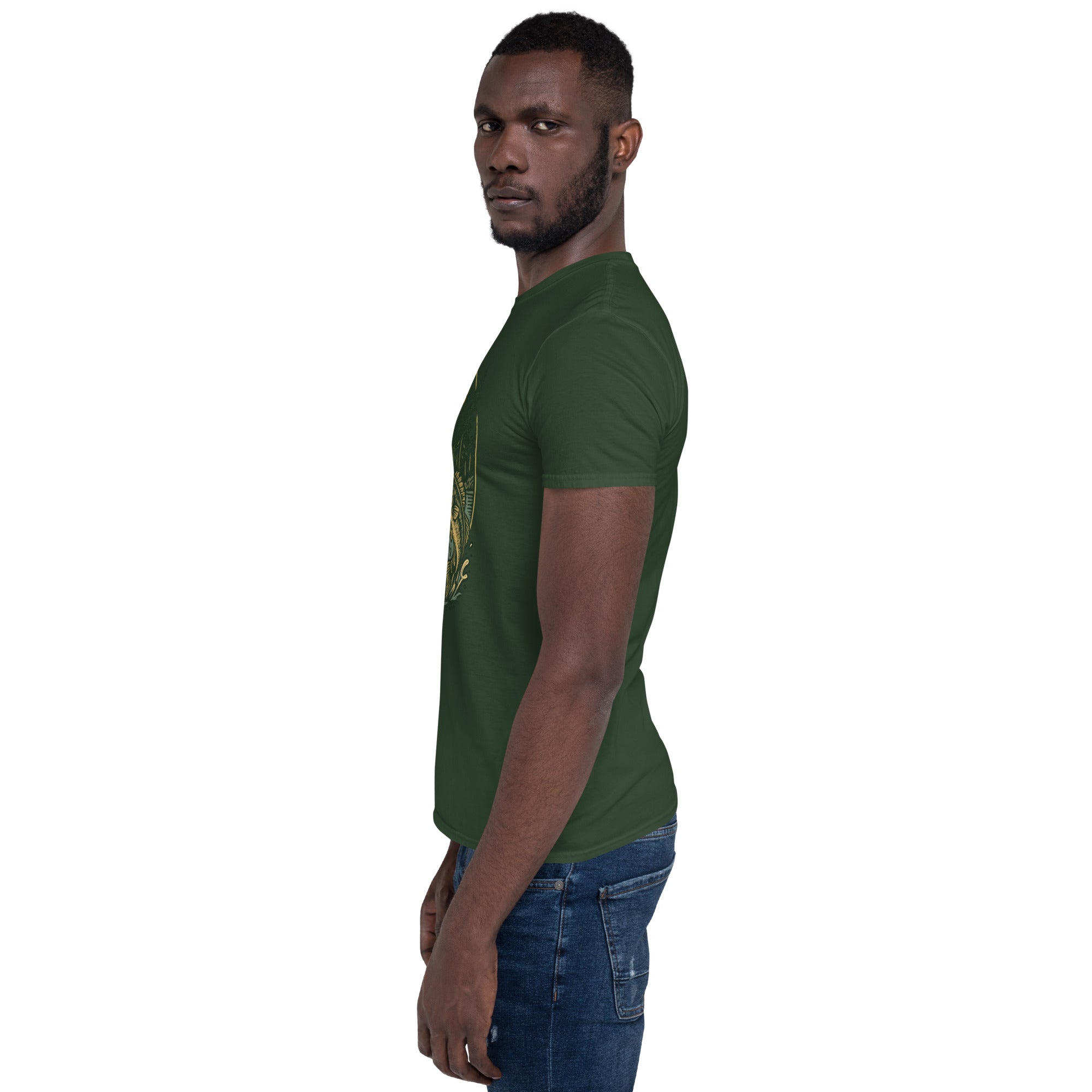 Forest green short-sleeve unisex T-shirt with deer and bass graphic on chest