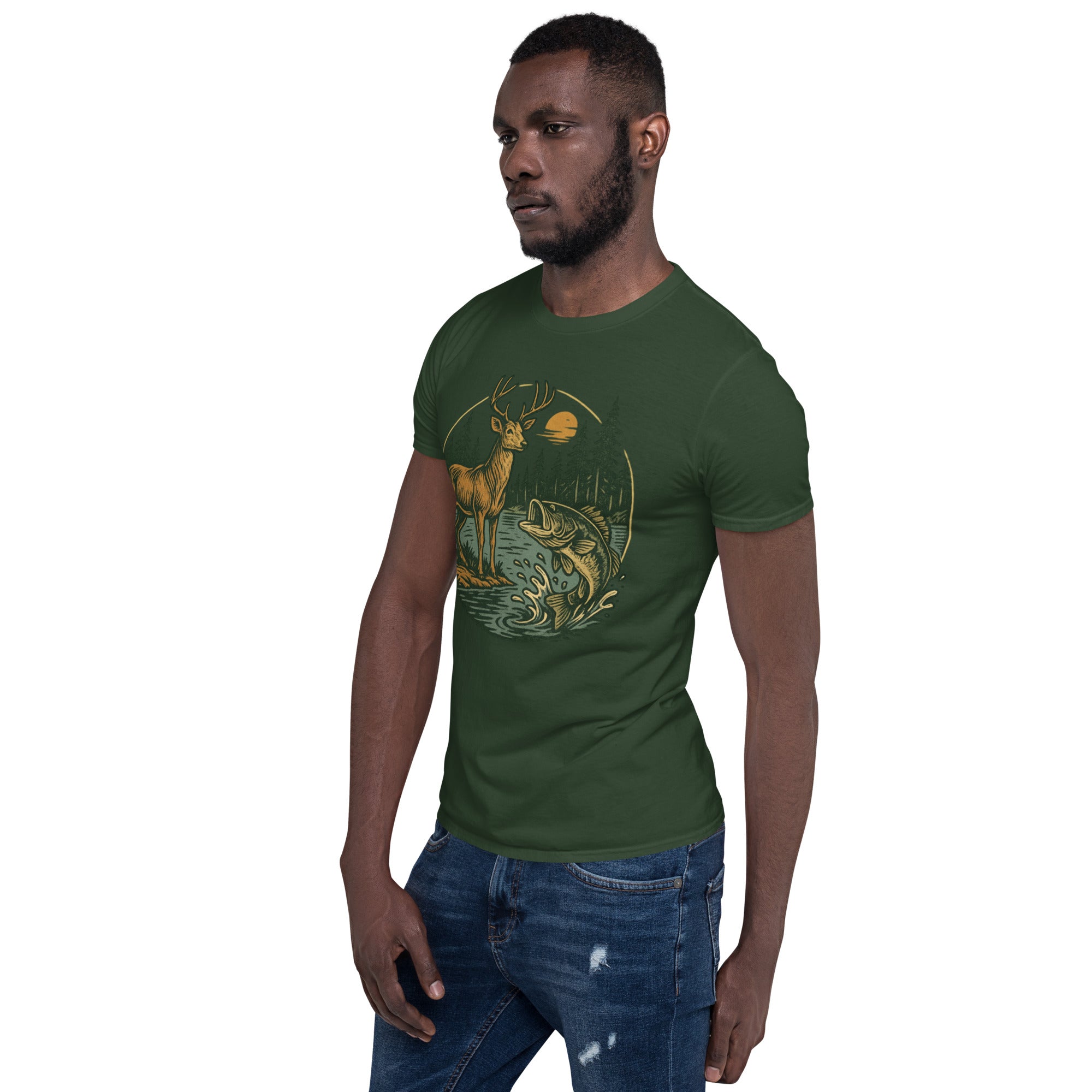 Unisex short-sleeve T-shirt in forest green with vintage deer-and-bass front graphic