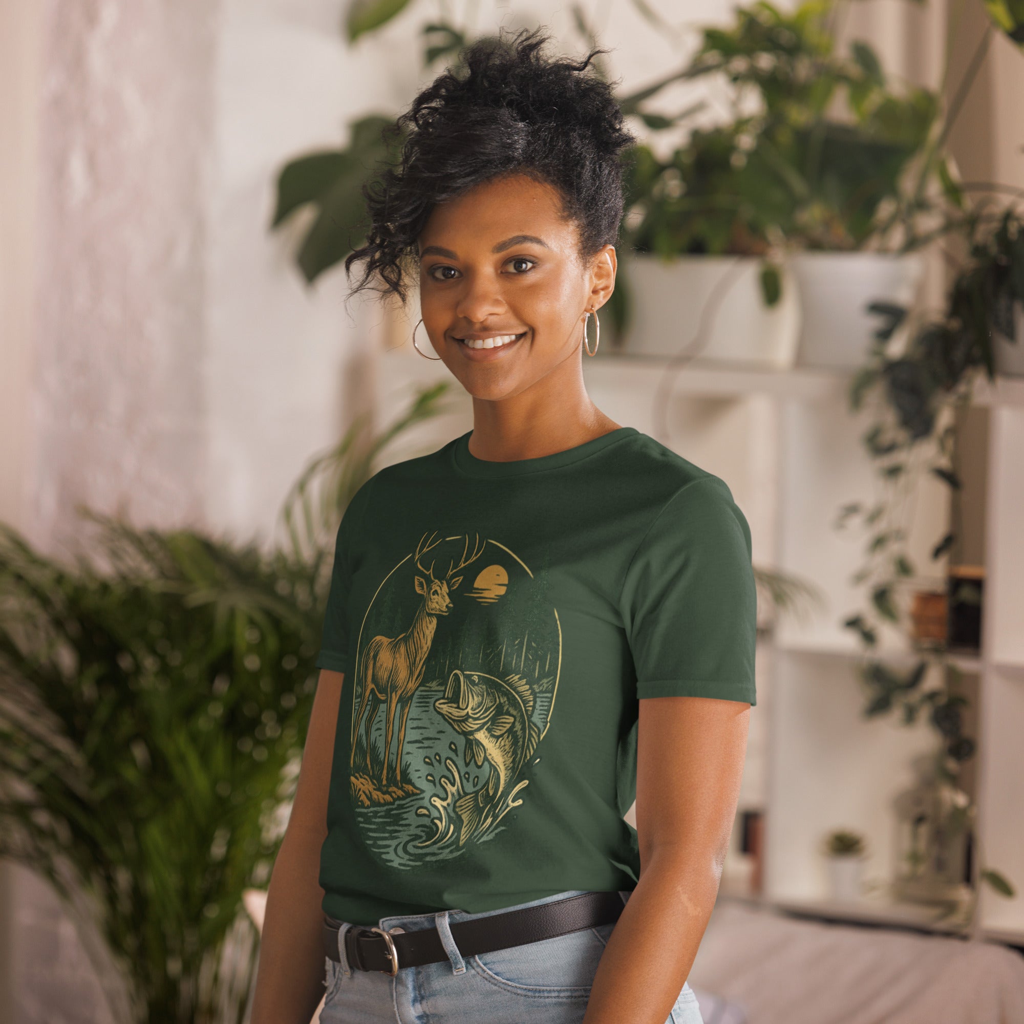 Unisex short-sleeve T-shirt with deer and bass graphic, forest green