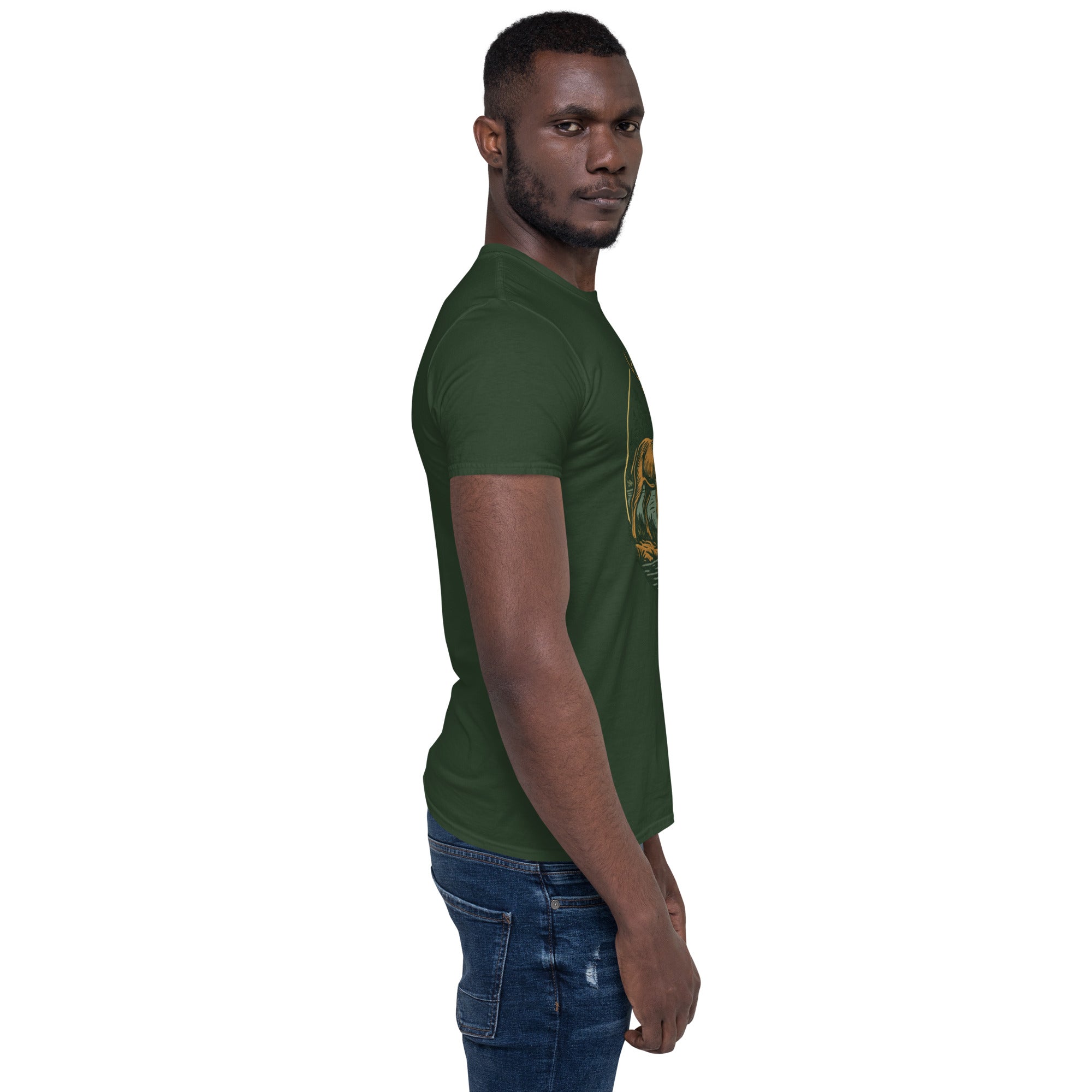Unisex short-sleeve T-shirt, forest green, with deer and bass chest graphic