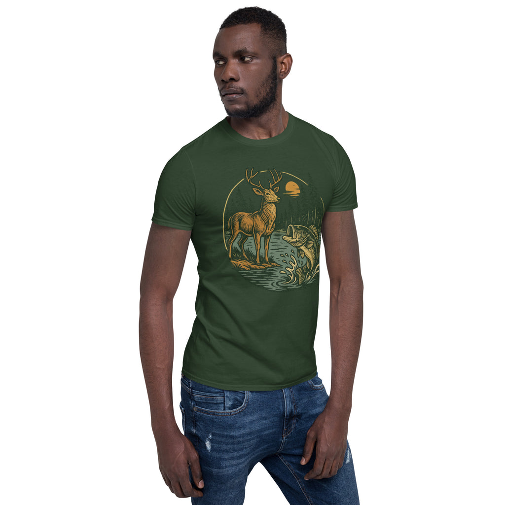 Forest green crewneck T-shirt with vintage deer and fish graphic on front