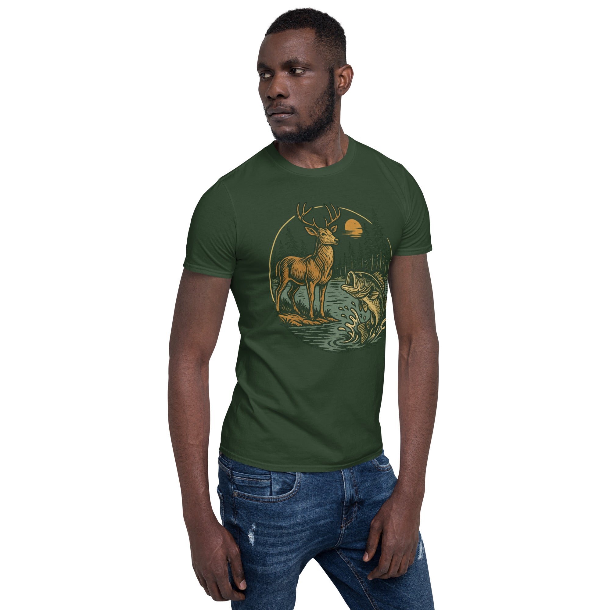 Forest green crewneck T-shirt with vintage deer and fish graphic on front