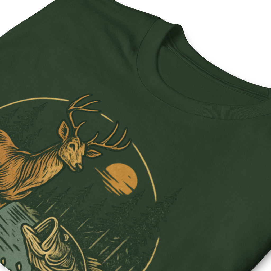 Forest green unisex T-shirt with deer and bass graphic, short sleeves