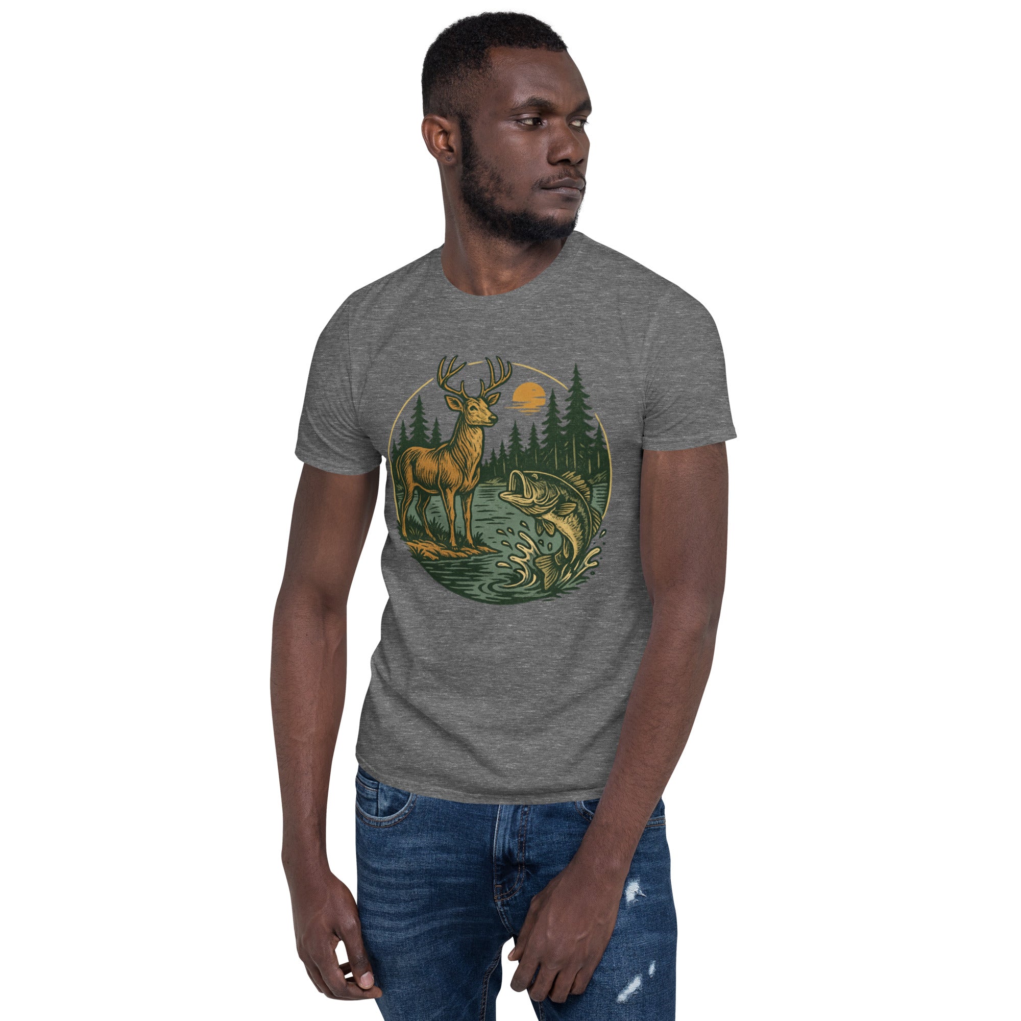 Unisex short-sleeve T-shirt in heather gray with vintage deer and bass illustration