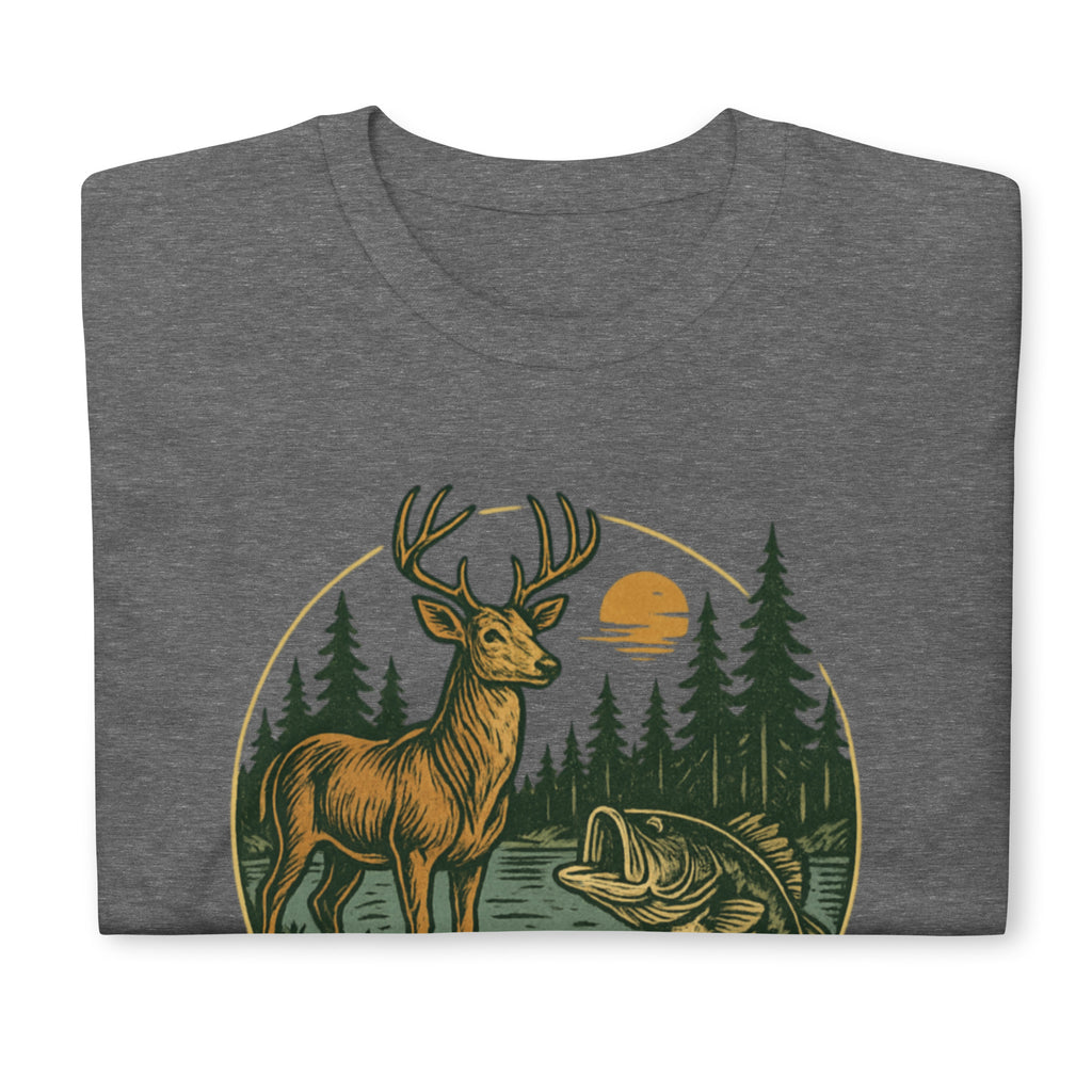 Unisex short-sleeve T-shirt, heather gray, vintage deer and bass forest graphic