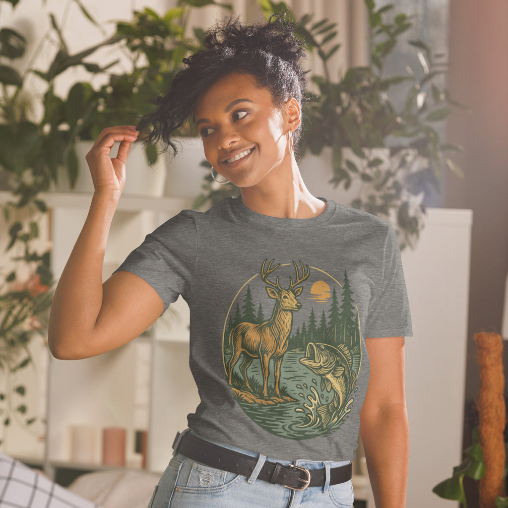 Unisex short-sleeve T-shirt, dark gray with deer and bass front graphic