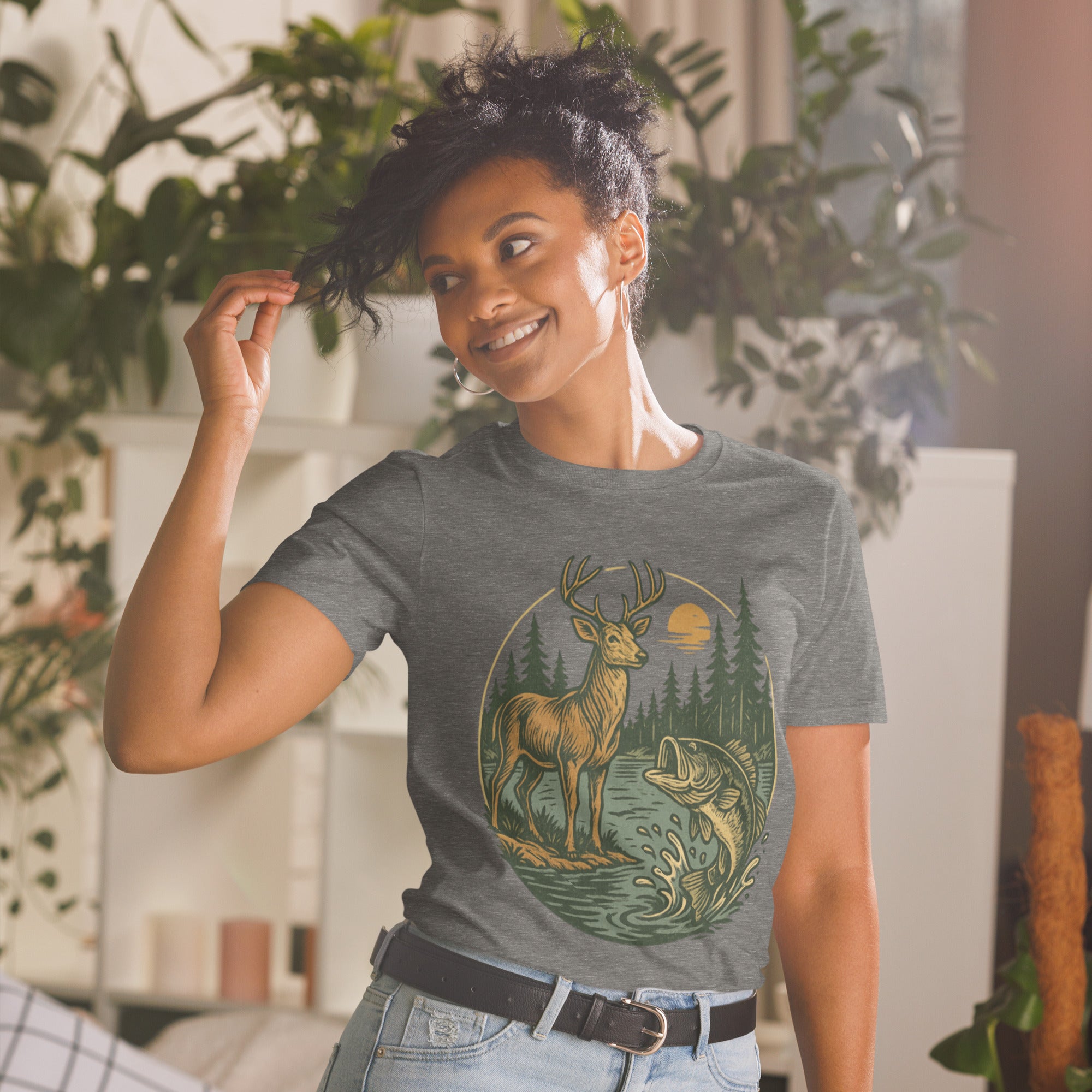 Unisex short-sleeve T-shirt, dark gray with deer and bass front graphic