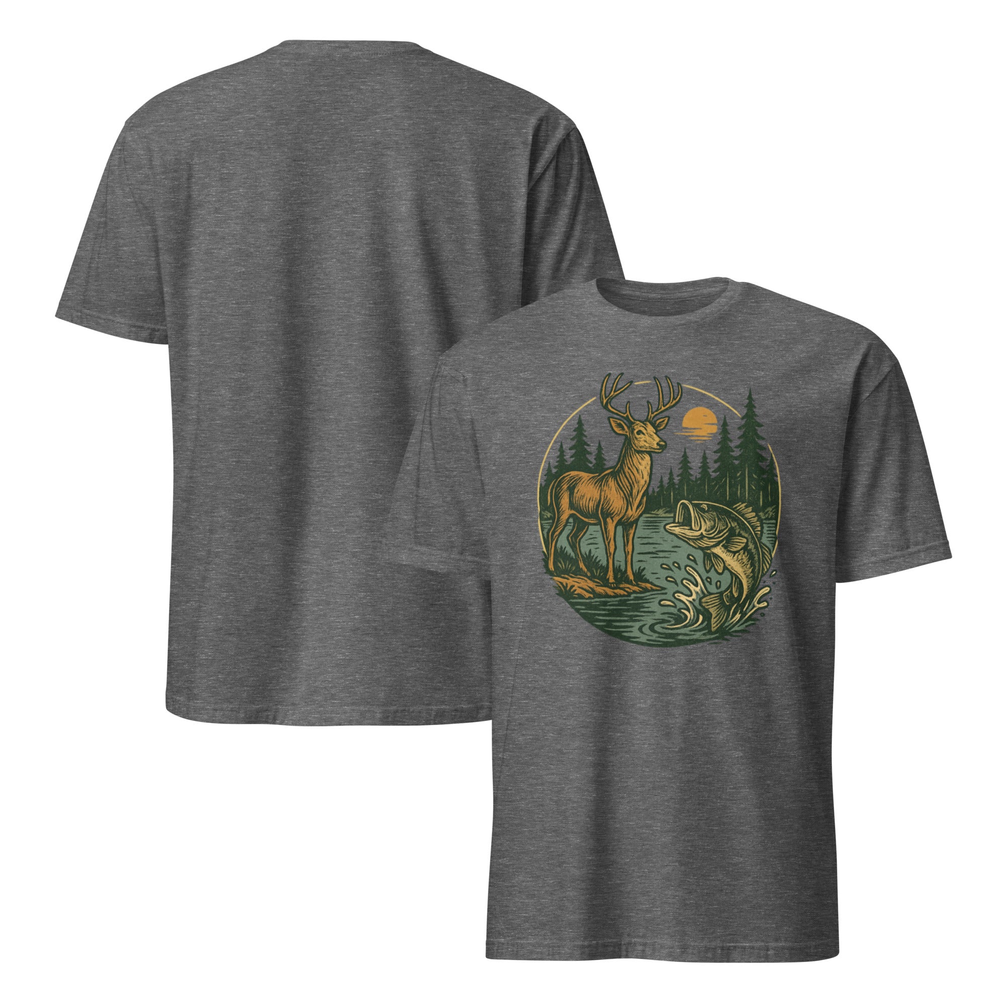 Gray unisex short-sleeve T-shirt with deer and bass graphic on the chest