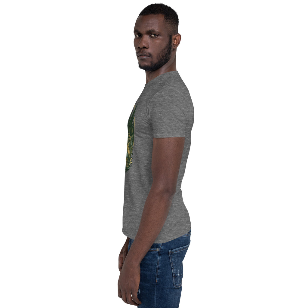 Light heather gray short-sleeve unisex T-shirt with deer and bass graphic on chest