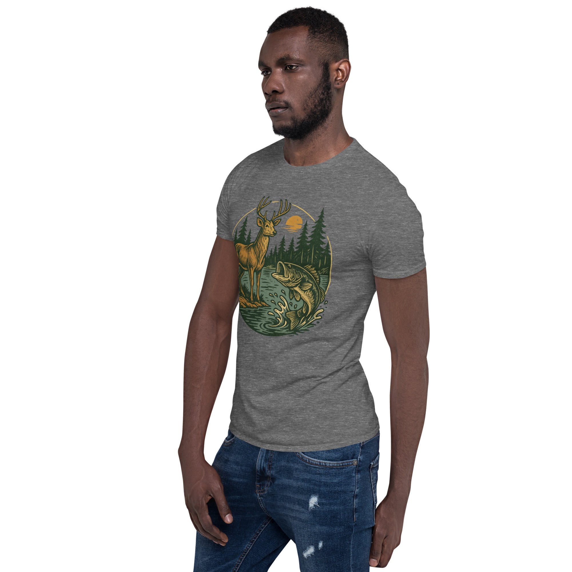 Unisex short-sleeve T-shirt in light heather gray with vintage deer-and-bass front graphic