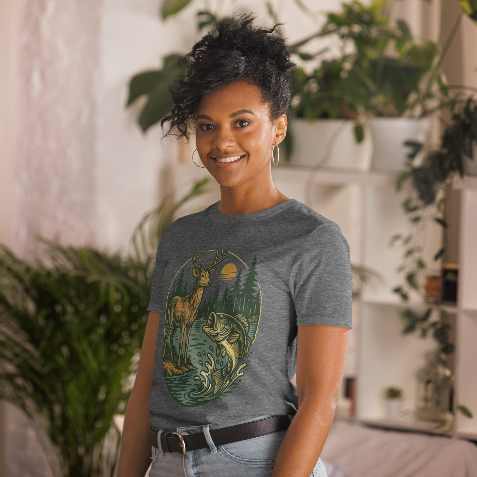 Unisex short-sleeve T-shirt with deer and bass graphic, medium gray heather