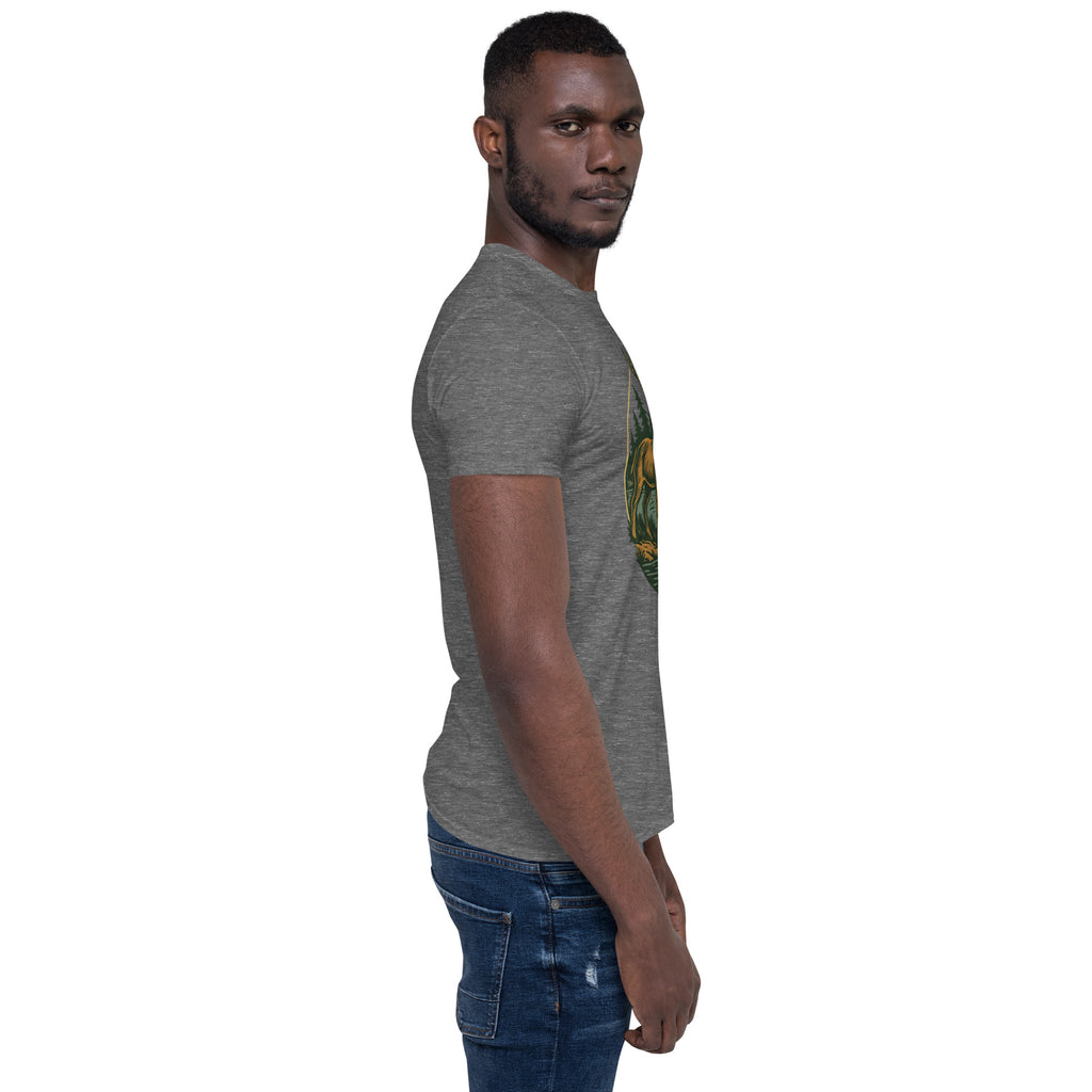 Unisex short-sleeve T-shirt, medium heather gray, with deer and bass chest graphic