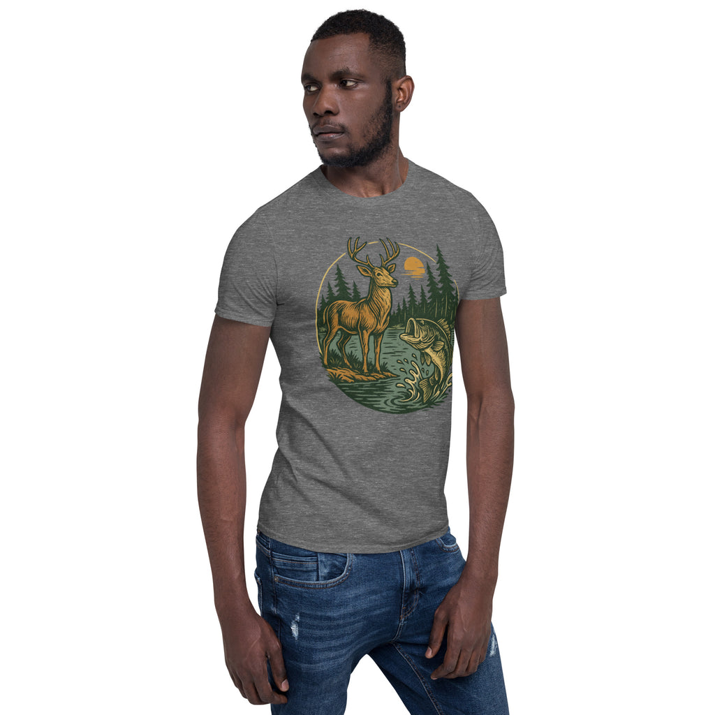 Heather gray unisex short-sleeve T-shirt with deer and bass graphic on chest