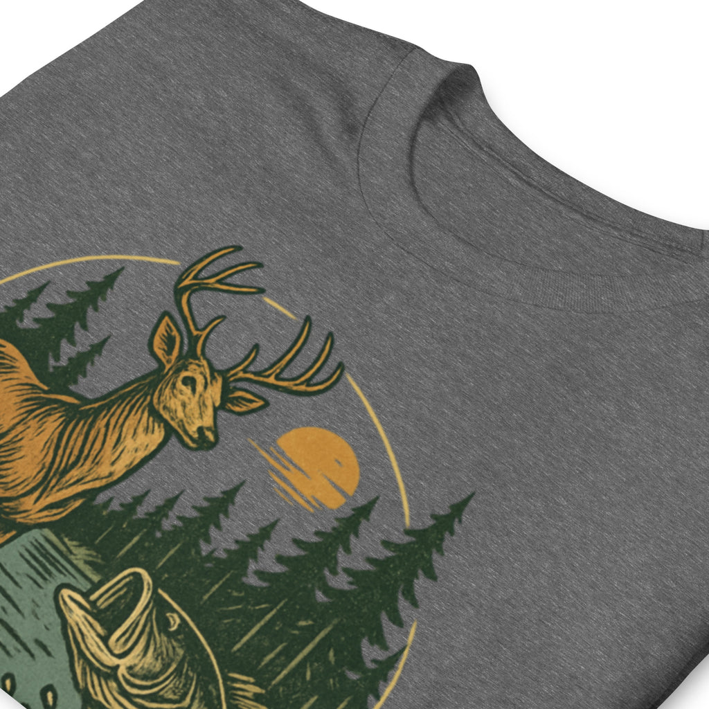 Graphite heather unisex T-shirt with deer and bass graphic, short sleeves