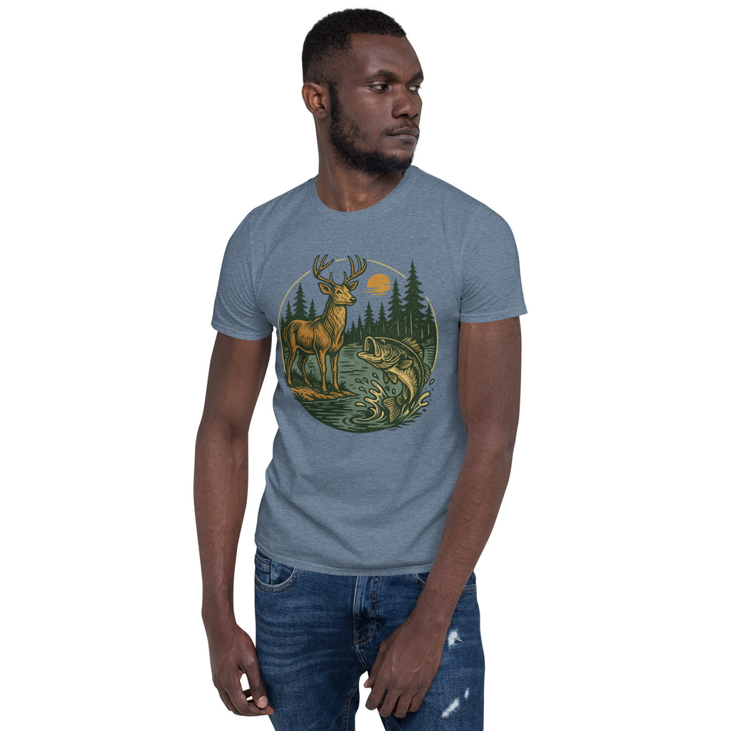 Unisex short-sleeve T-shirt in slate blue with vintage deer and bass graphic