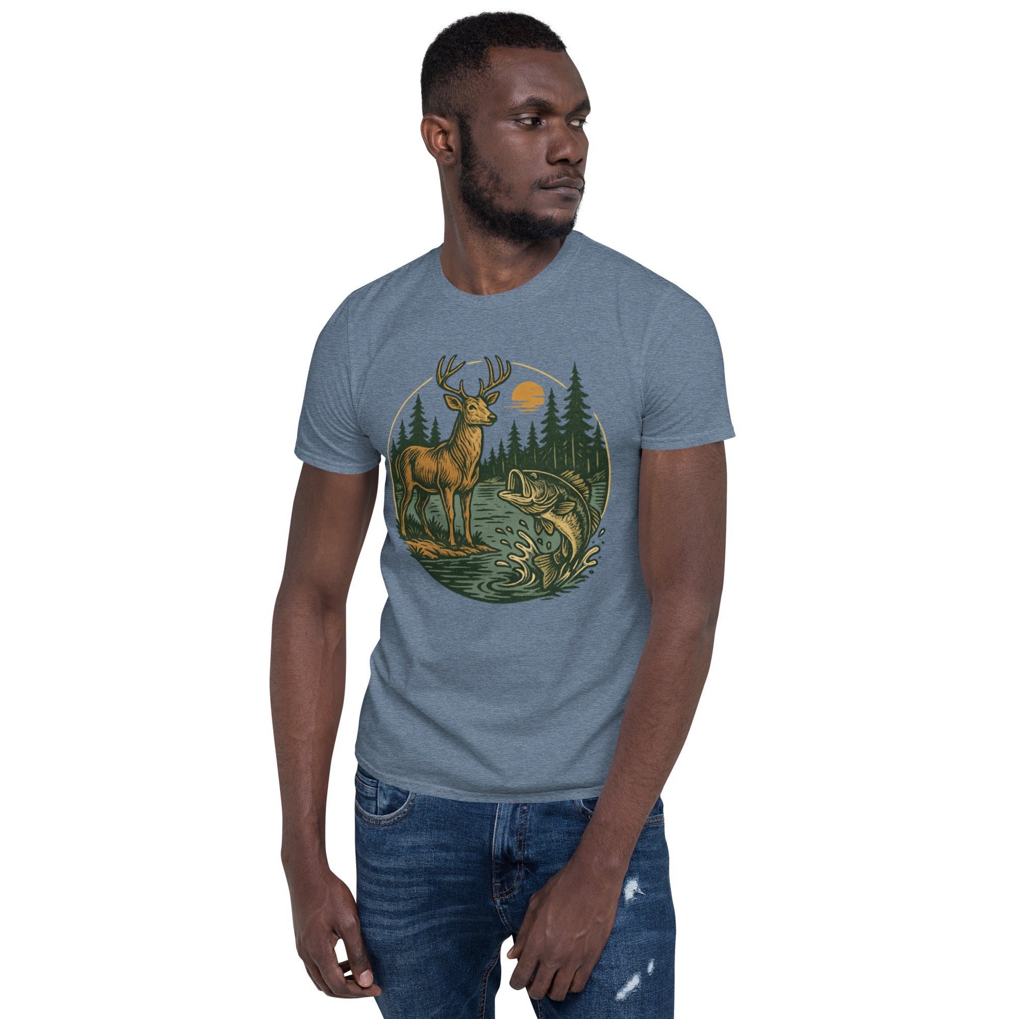 Unisex short-sleeve T-shirt in slate blue with vintage deer and bass graphic