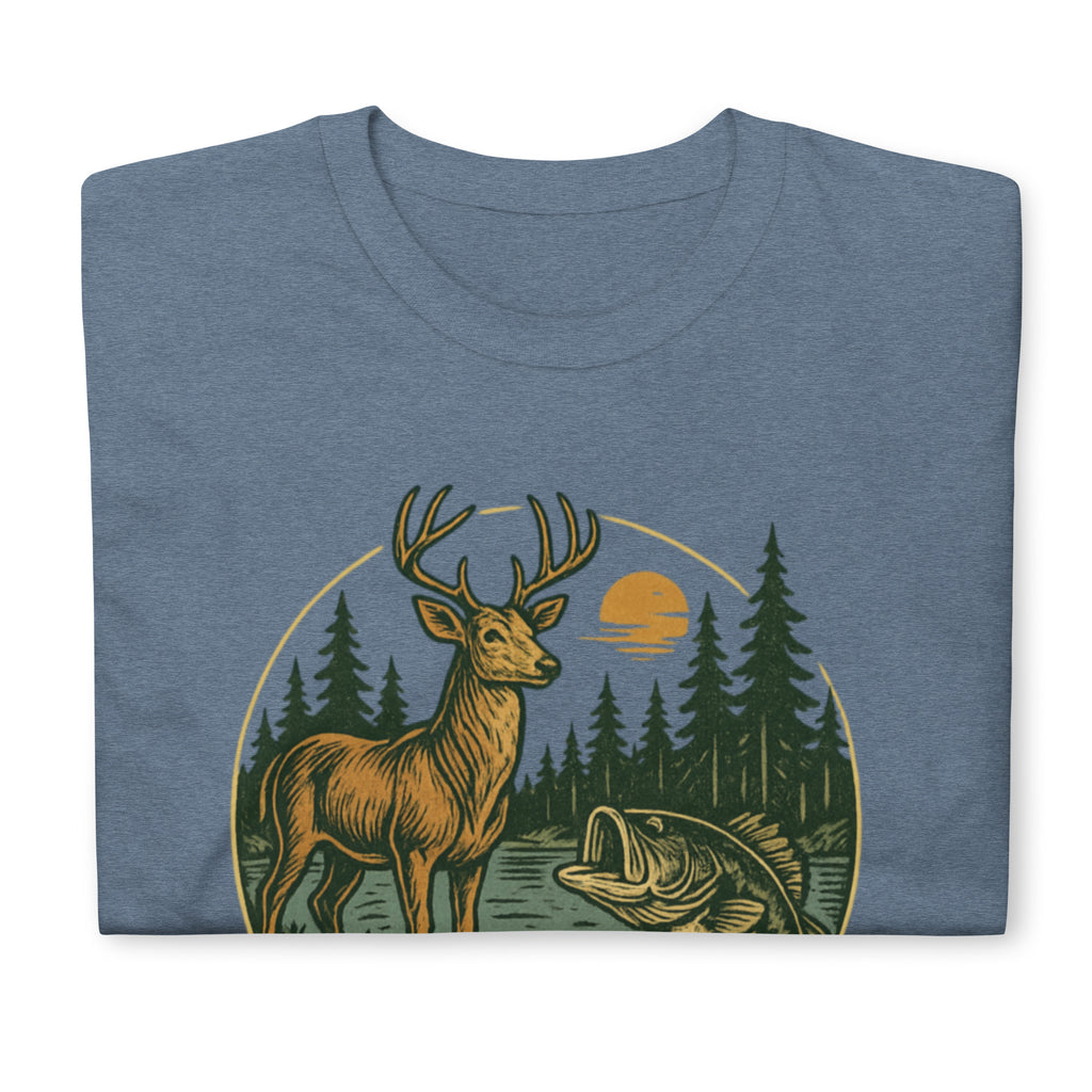 Unisex short-sleeve T-shirt, light blue, vintage deer and bass forest graphic