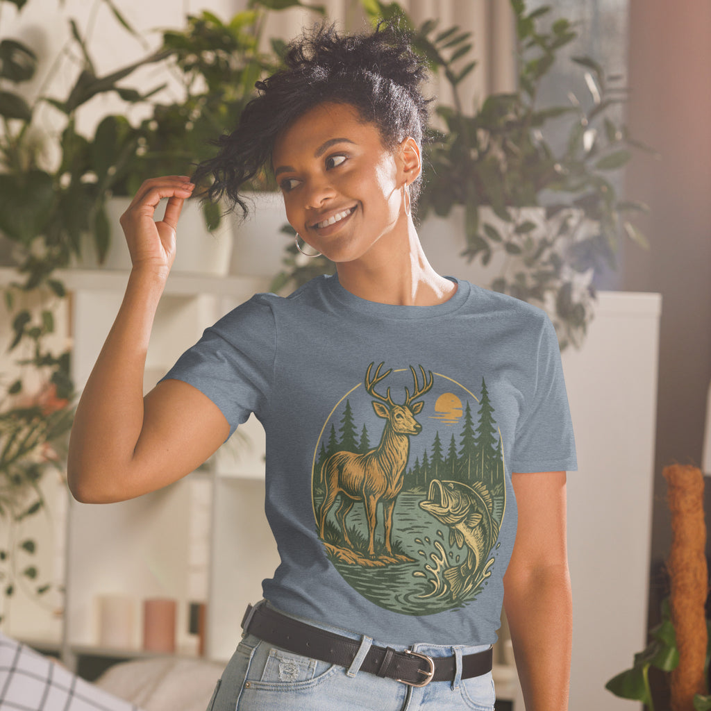 Unisex short-sleeve T-shirt, medium gray-blue with deer and bass front graphic