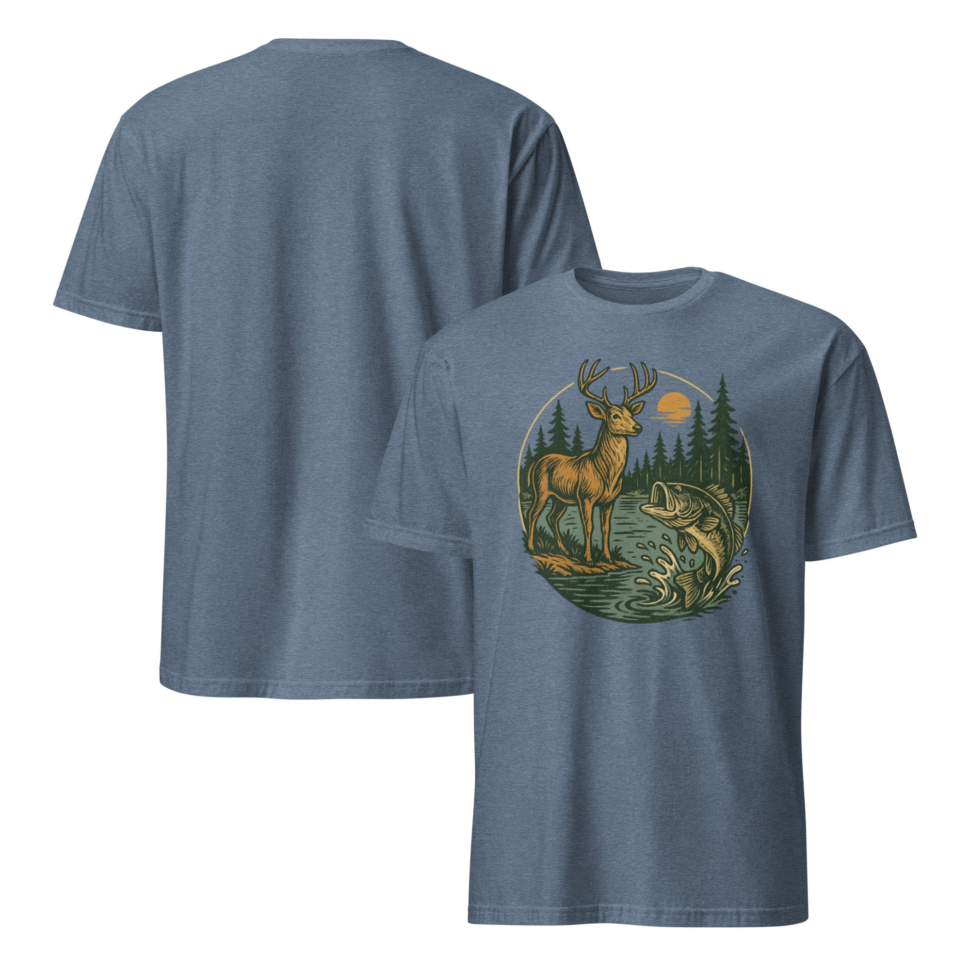 Unisex short-sleeve T-shirt in blue with deer and fish graphic on the front