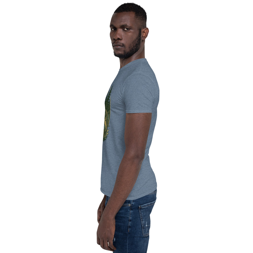 Powder blue short-sleeve unisex T-shirt with deer and bass graphic on chest