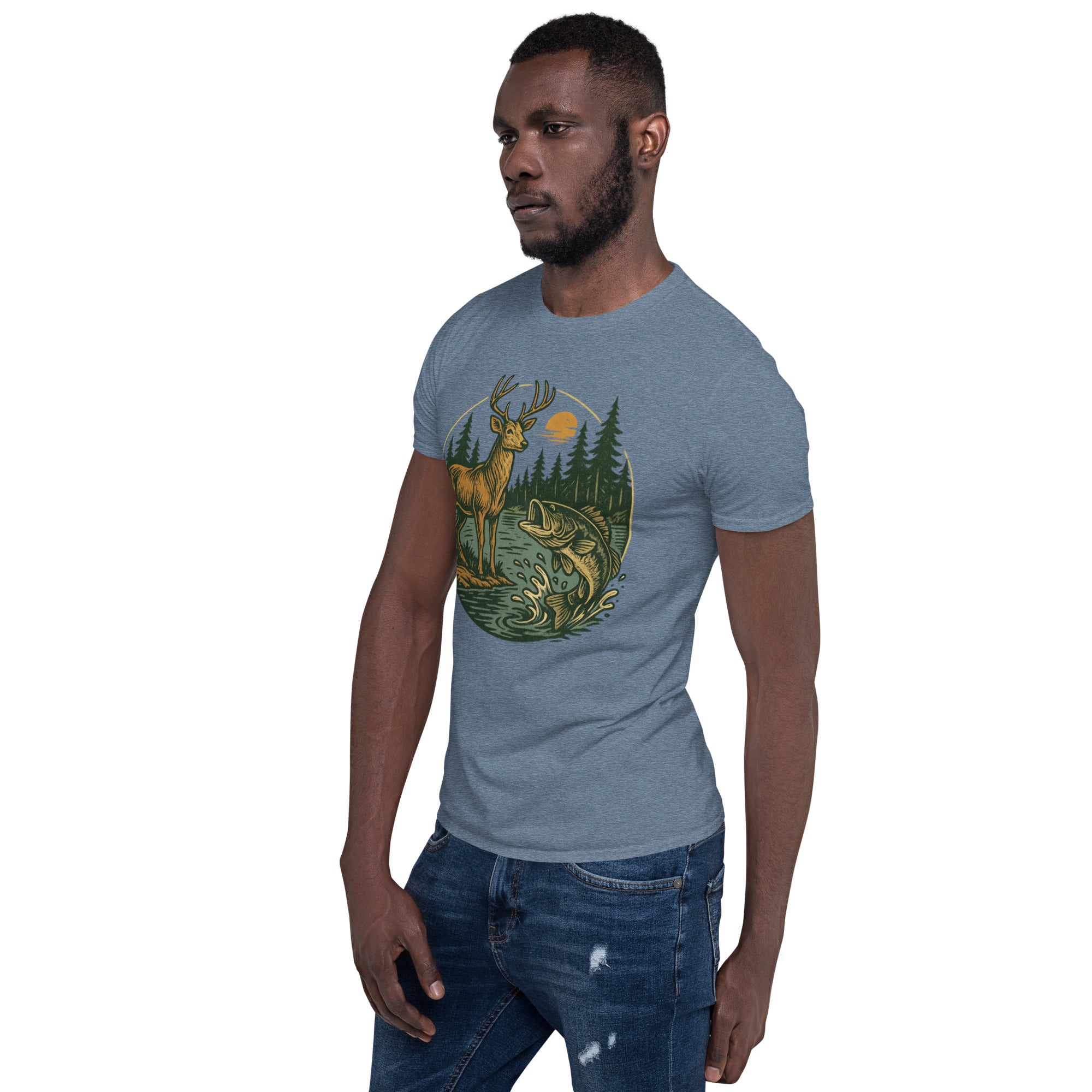 Unisex short-sleeve T-shirt in light blue with vintage deer-and-bass front graphic