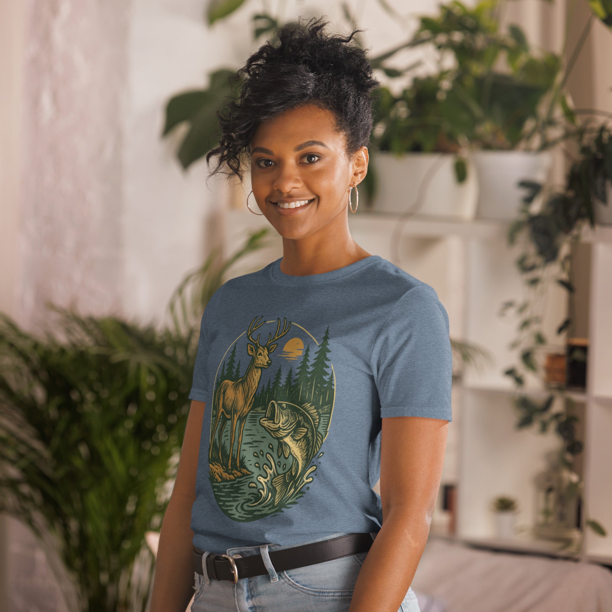 Unisex short-sleeve T-shirt in dusty blue with vintage deer and bass front graphic