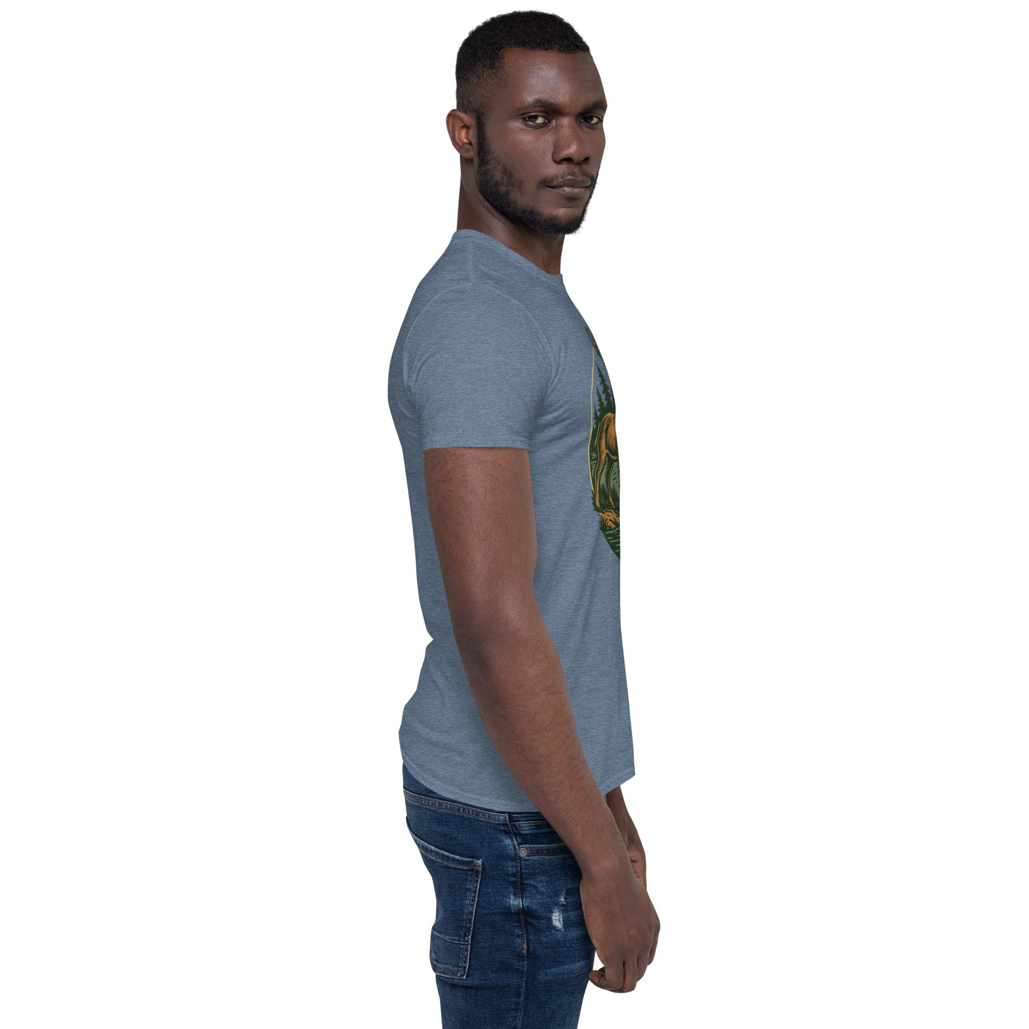 Heather blue short-sleeve T-shirt with deer and bass graphic on front, crew neck