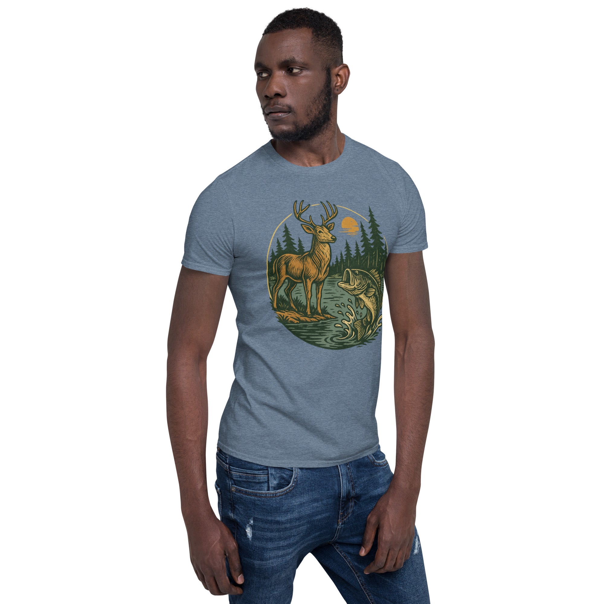 Light blue unisex short-sleeve T-shirt with deer and bass graphic on chest
