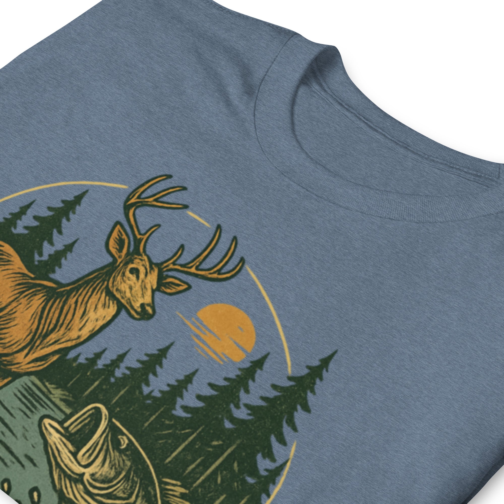 Light blue heather unisex T-shirt with deer and bass graphic, short sleeves