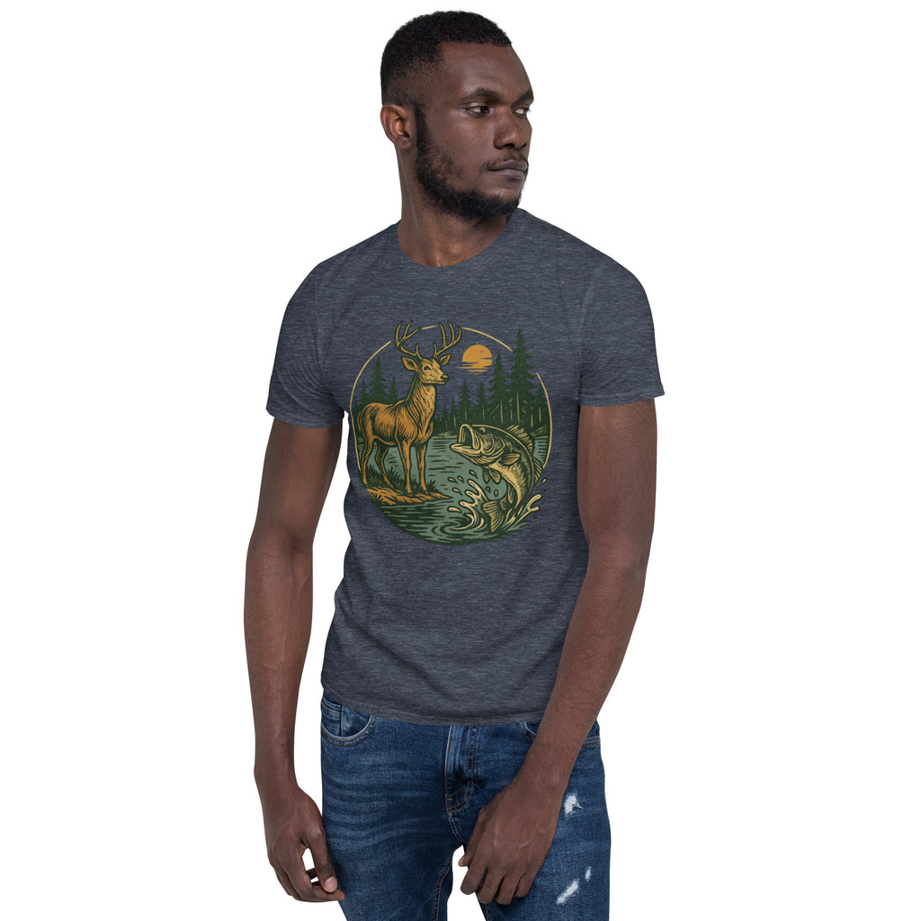 Unisex short-sleeve T-shirt in dark heather gray with vintage deer and bass graphic