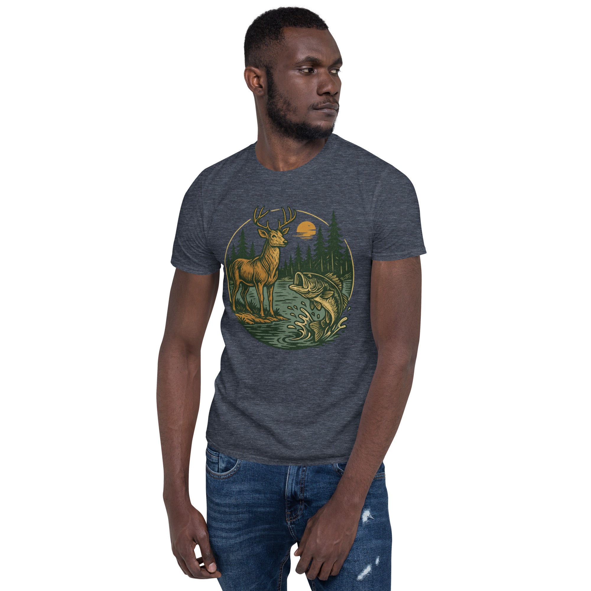 Unisex short-sleeve T-shirt in dark heather gray with vintage deer and bass graphic