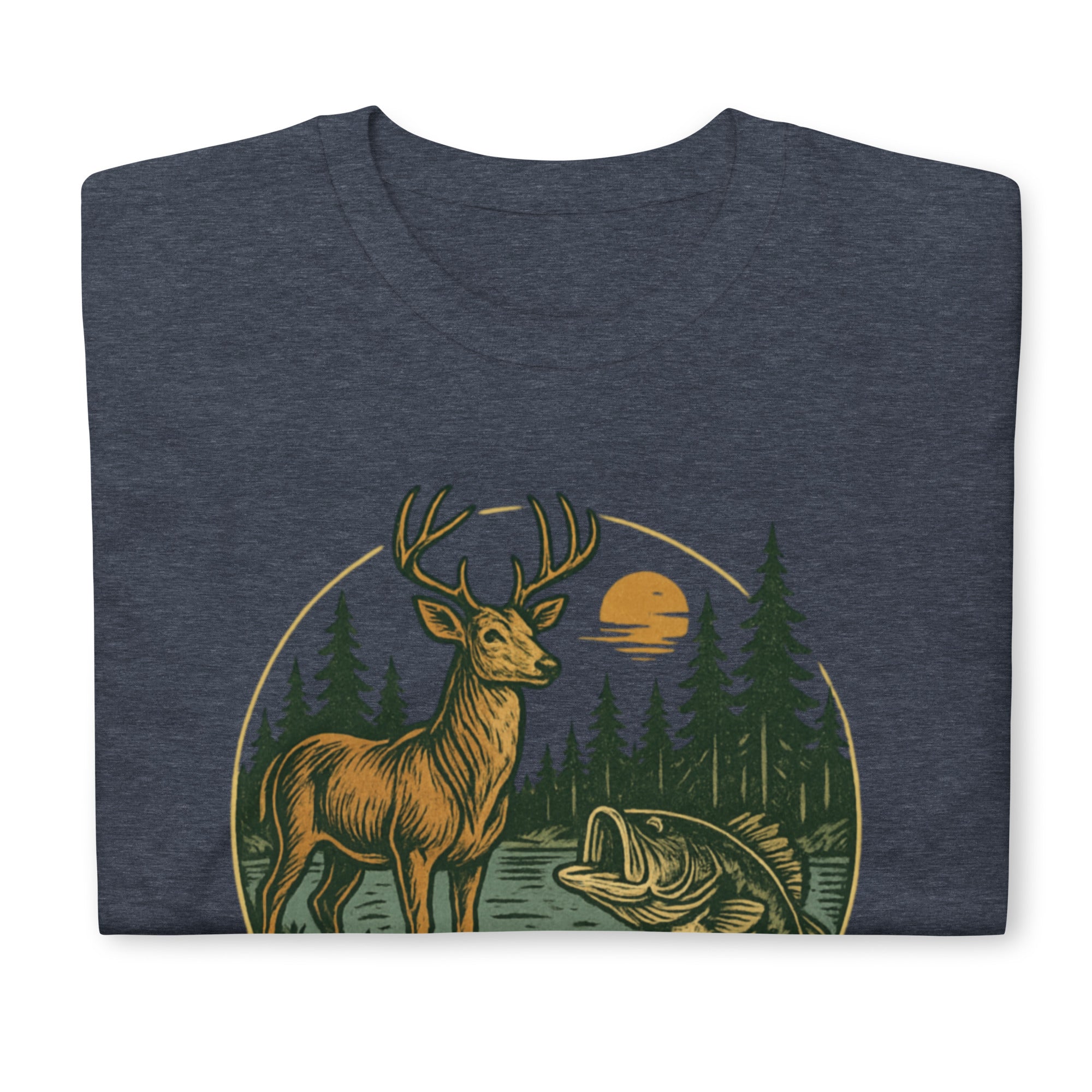 Charcoal heather short-sleeve t-shirt with vintage deer and bass front graphic