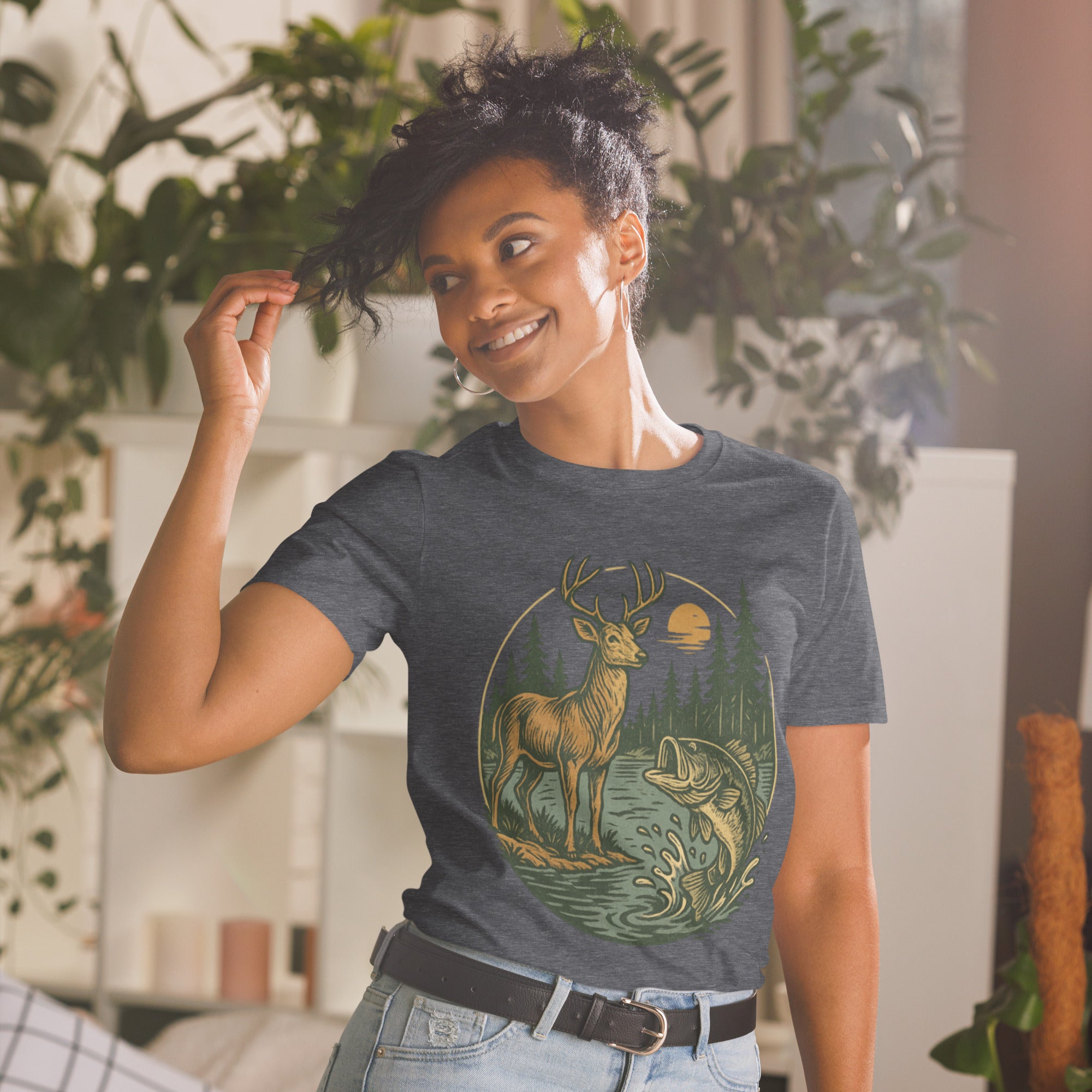 Unisex short-sleeve T-shirt, dark gray with deer and bass front graphic