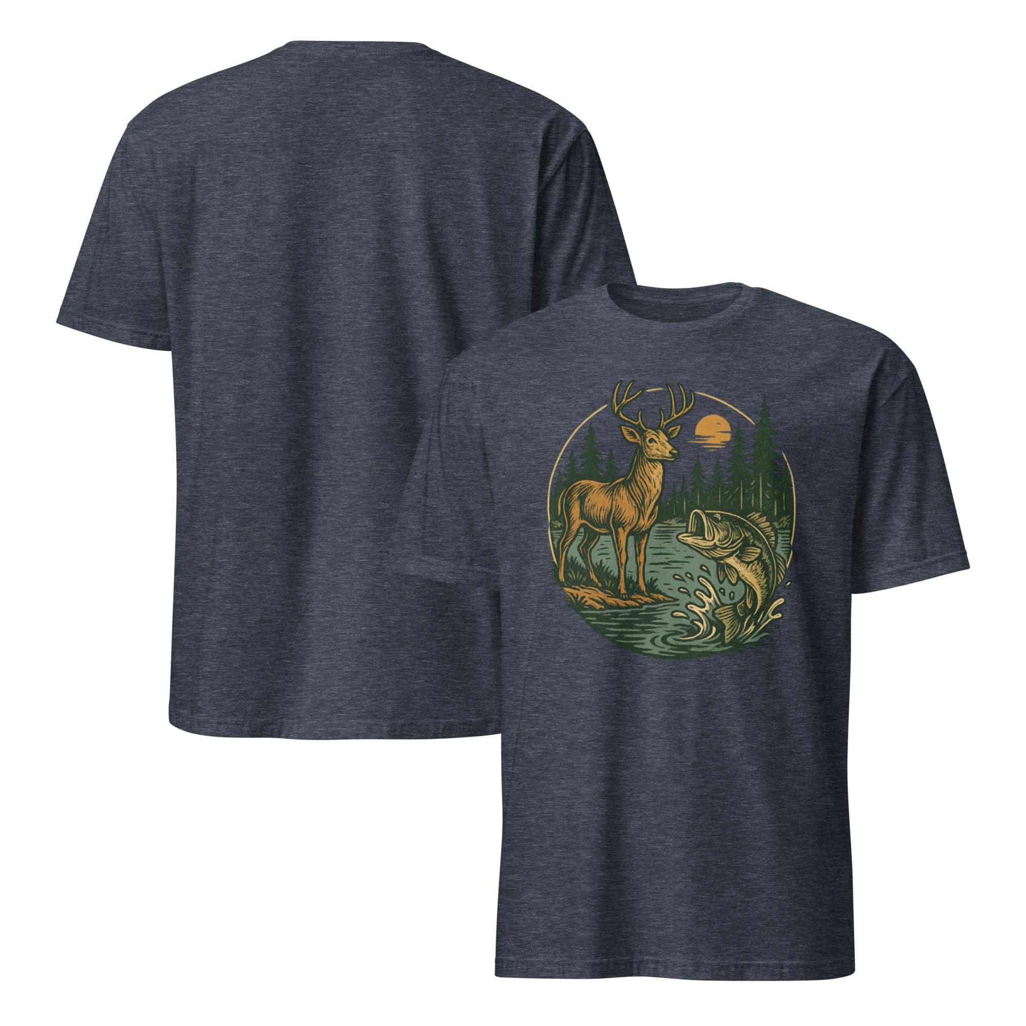 Charcoal heather unisex short-sleeve T-shirt with deer and bass graphic on the chest