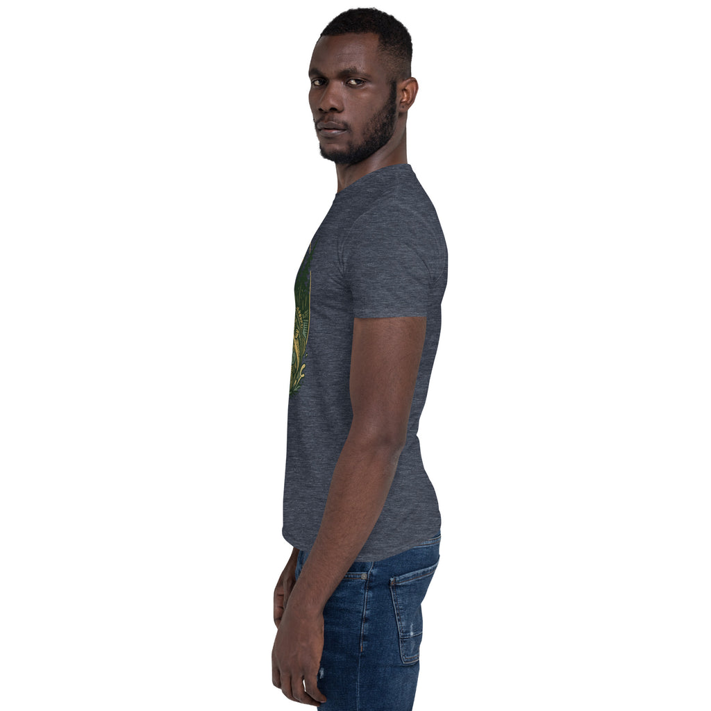 Heathered gray short-sleeve unisex T-shirt with deer and bass graphic on chest