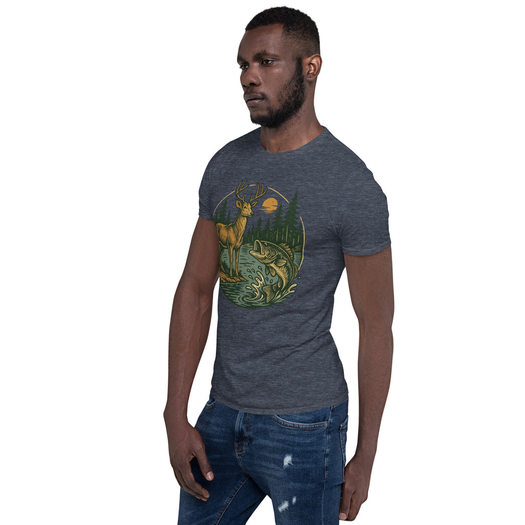 Unisex short-sleeve T-shirt in dark heather gray with vintage deer-and-bass front graphic