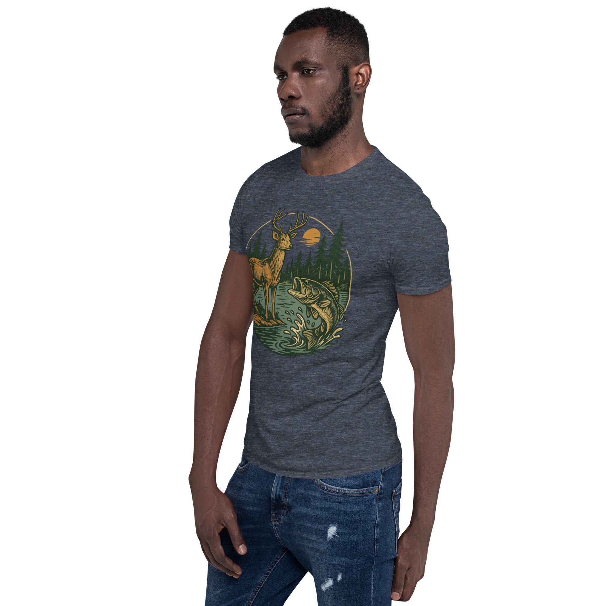Unisex short-sleeve T-shirt in dark heather gray with vintage deer-and-bass front graphic