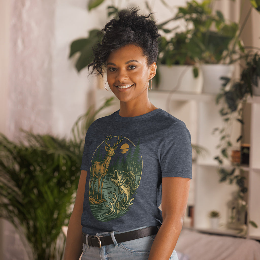 Unisex short-sleeve T-shirt with deer and bass graphic, charcoal heather