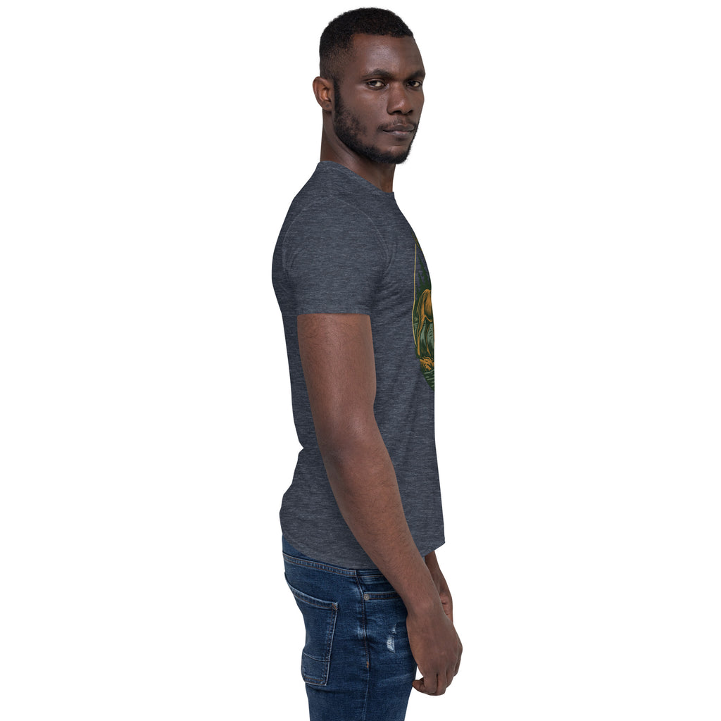 Unisex short-sleeve T-shirt, charcoal heather gray, with deer and bass chest graphic