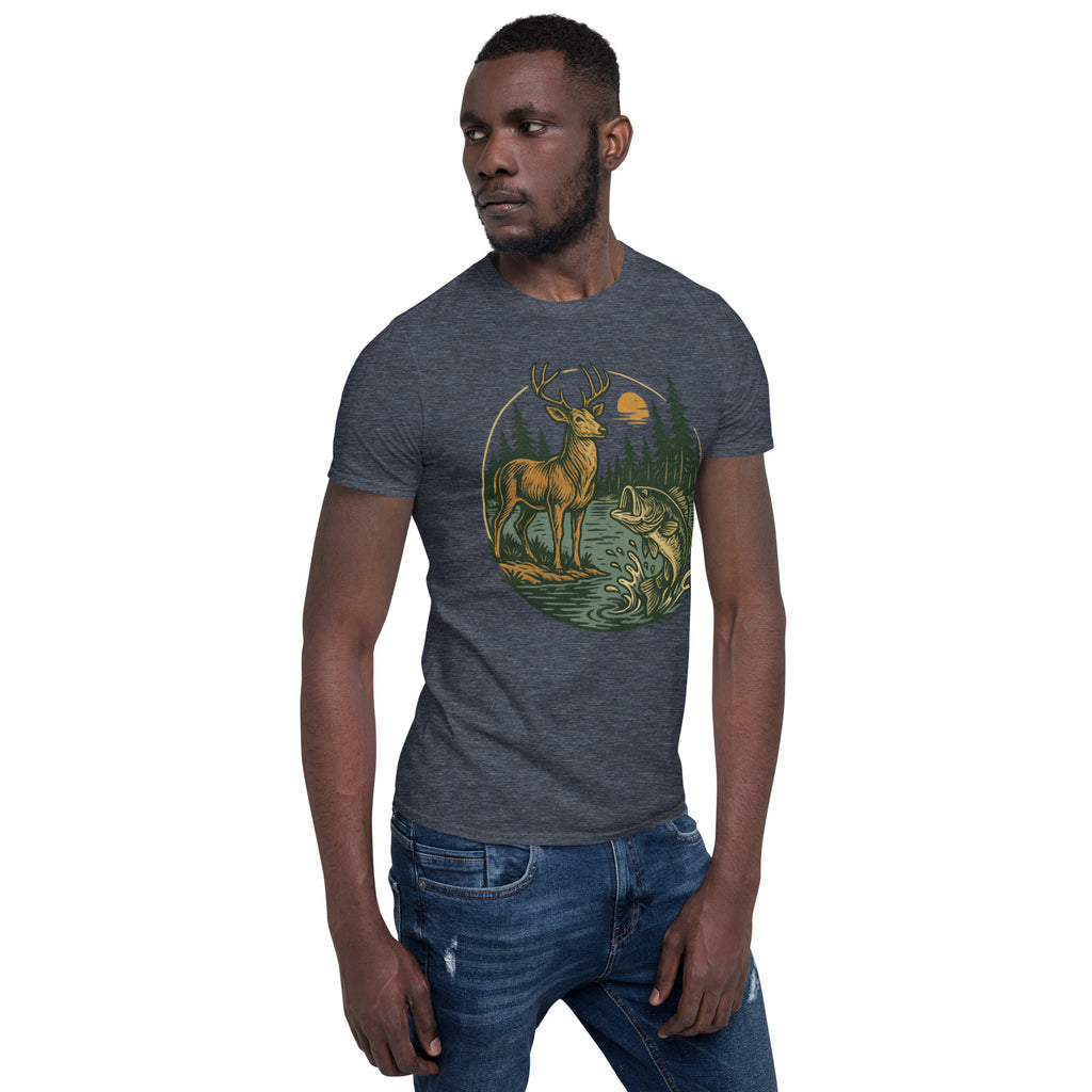 Heather gray crewneck T-shirt with vintage deer and fish graphic on front