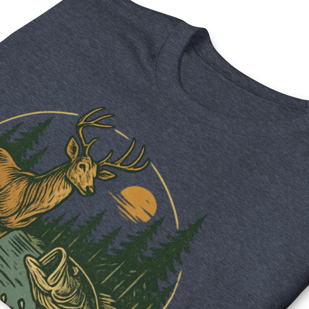 Navy heather unisex T-shirt with deer and bass graphic, short sleeves