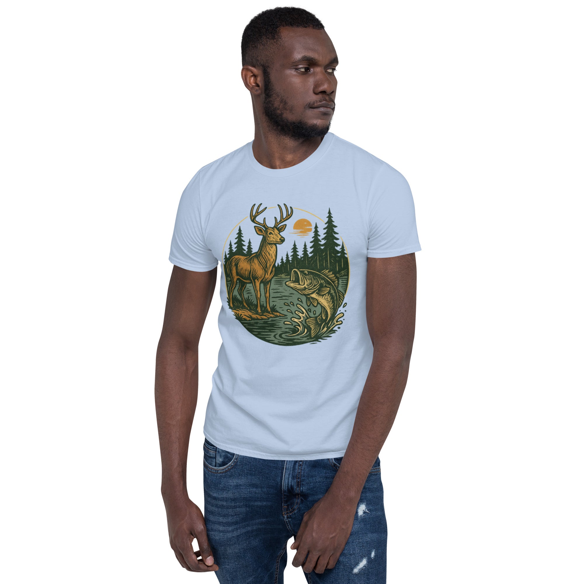 Unisex short-sleeve T-shirt in light blue with vintage deer and bass graphic