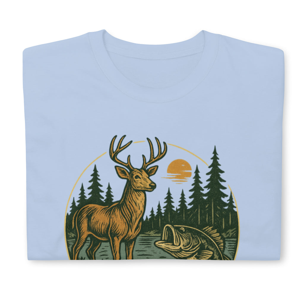 Unisex short-sleeve T-shirt, pale blue, vintage deer and bass forest graphic