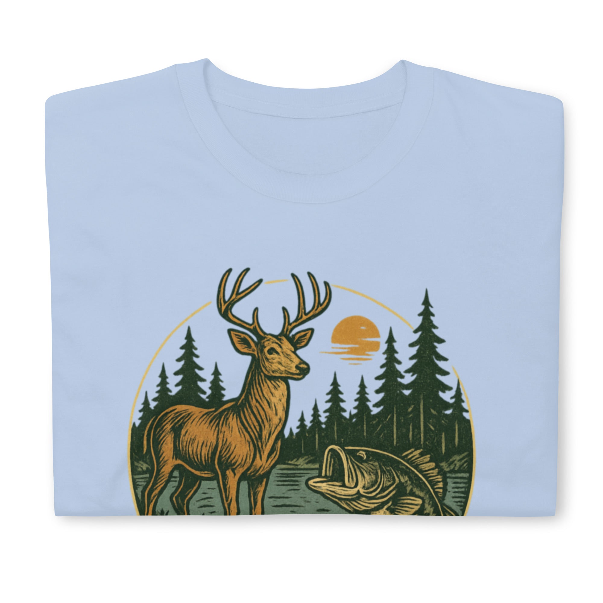 Unisex short-sleeve T-shirt, pale blue, vintage deer and bass forest graphic